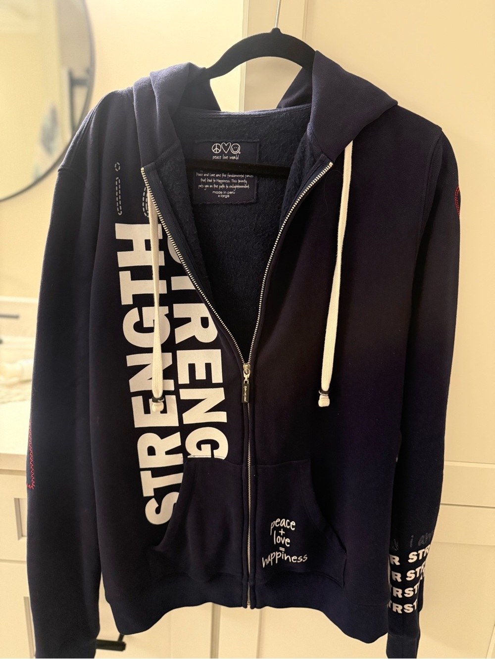 Peace Love Happiness Women's  Navy Zip-Up Hoodie Sweatshirt
